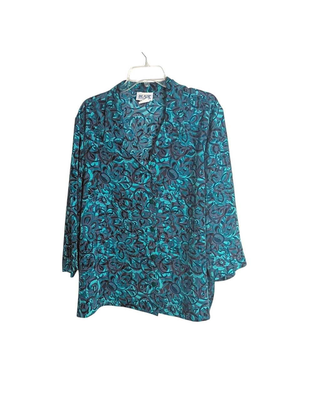 Blair - Teal & Gray Floral Button-Up Blouse - 2XL